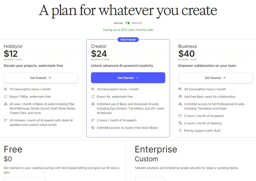 Descript Pricing